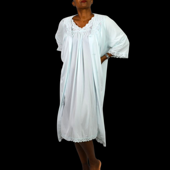 Vintage Shadowline Peignoir Set Blue Powder Chiffon Sheer Nylon Gown Robe XL - Picture 11 of 16